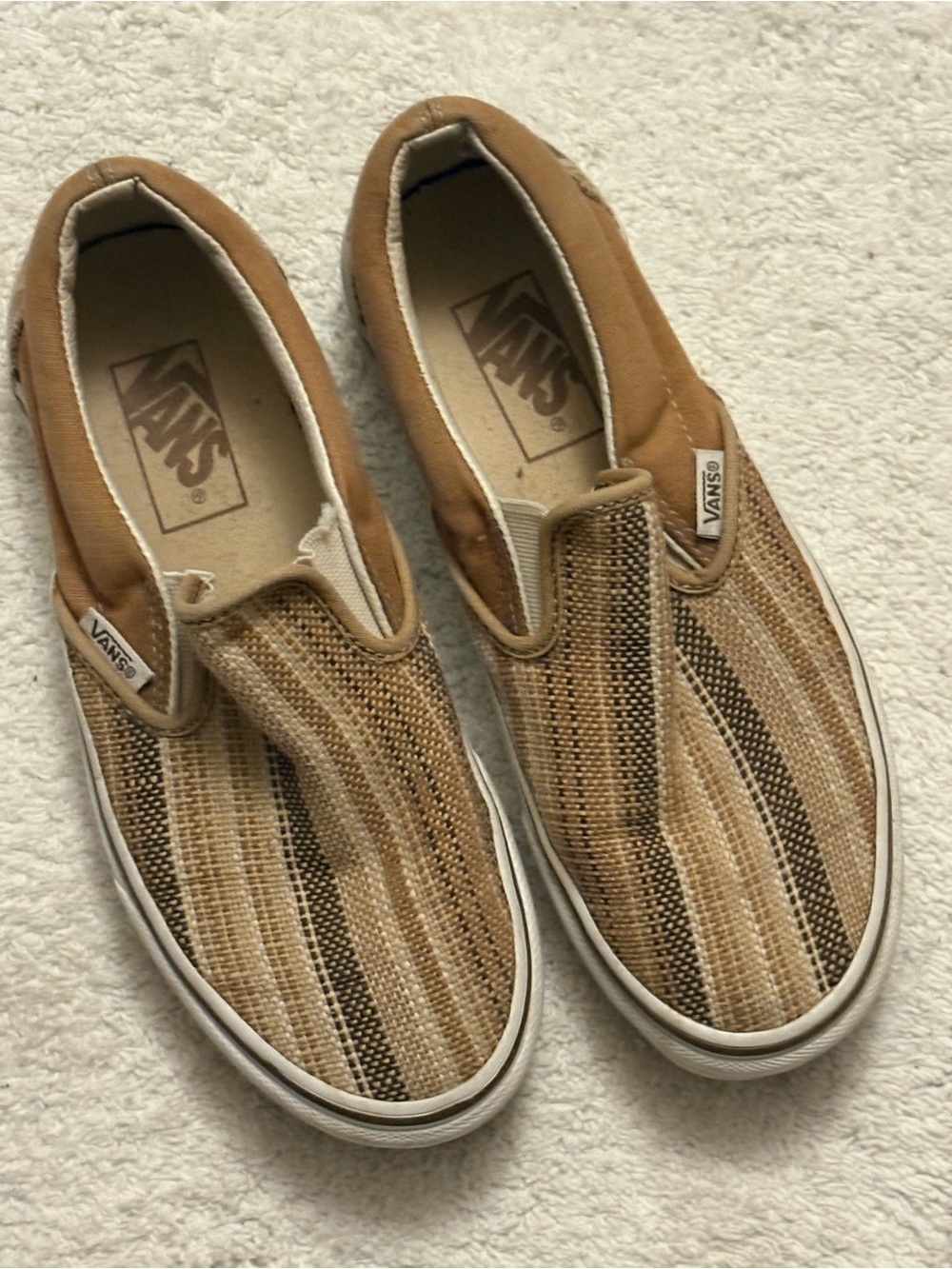 Vans Men’s Slip-On Loafers in Tan and Brown Stripes  Men’s Size 5  Womans 6.5